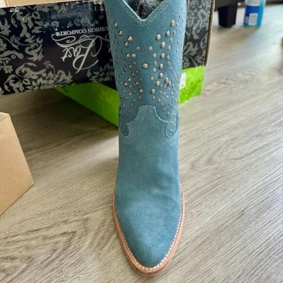 Dan Post Blue Suede / Studded Low Rise Western Style Boots - Picture 3 of 6